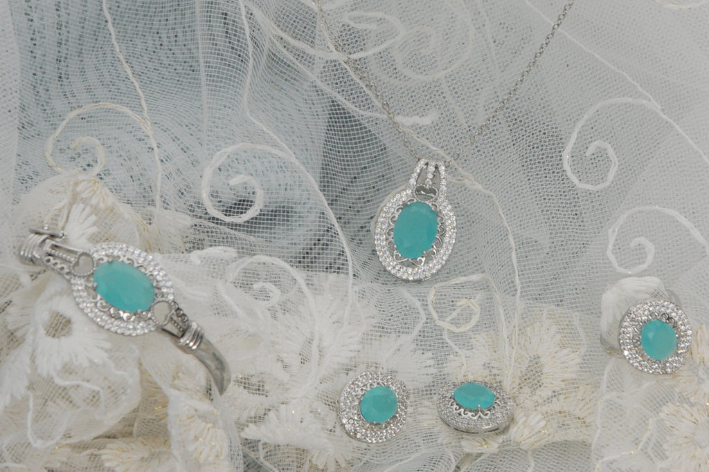 4-Piece Feroza & Zircon Jewelry Set in Silver Tone
