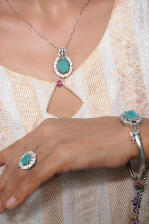 4-Piece Feroza & Zircon Jewelry Set in Silver Tone