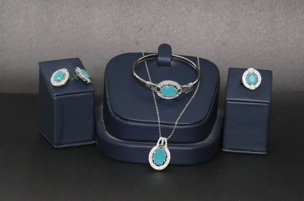 4-Piece Feroza & Zircon Jewelry Set in Silver Tone