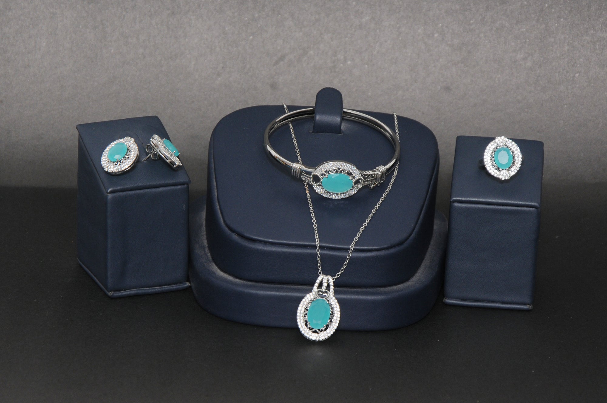 4-Piece Feroza & Zircon Jewelry Set in Silver Tone