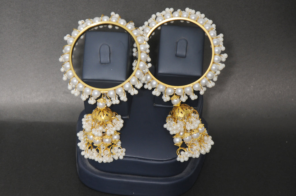Traditional Pearl Jhumka Karay - Gold-Toned Wedding Bangles