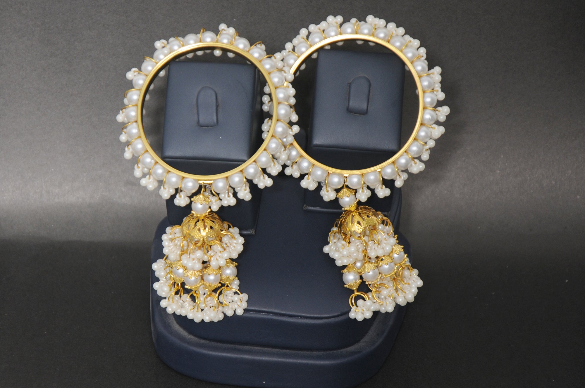 Traditional Pearl Jhumka Karay - Gold-Toned Wedding Bangles