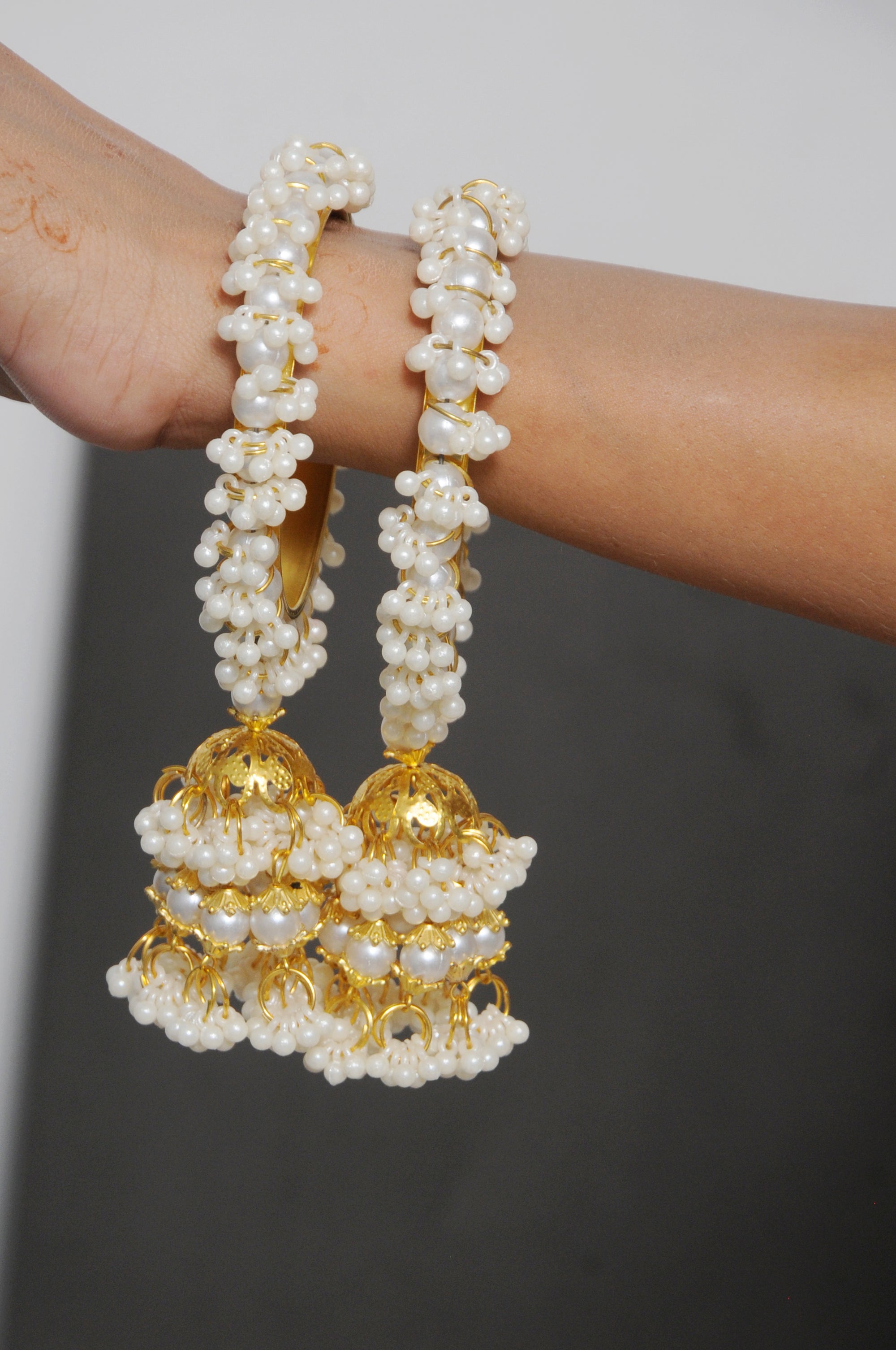 Traditional Pearl Jhumka Karay - Gold-Toned Wedding Bangles