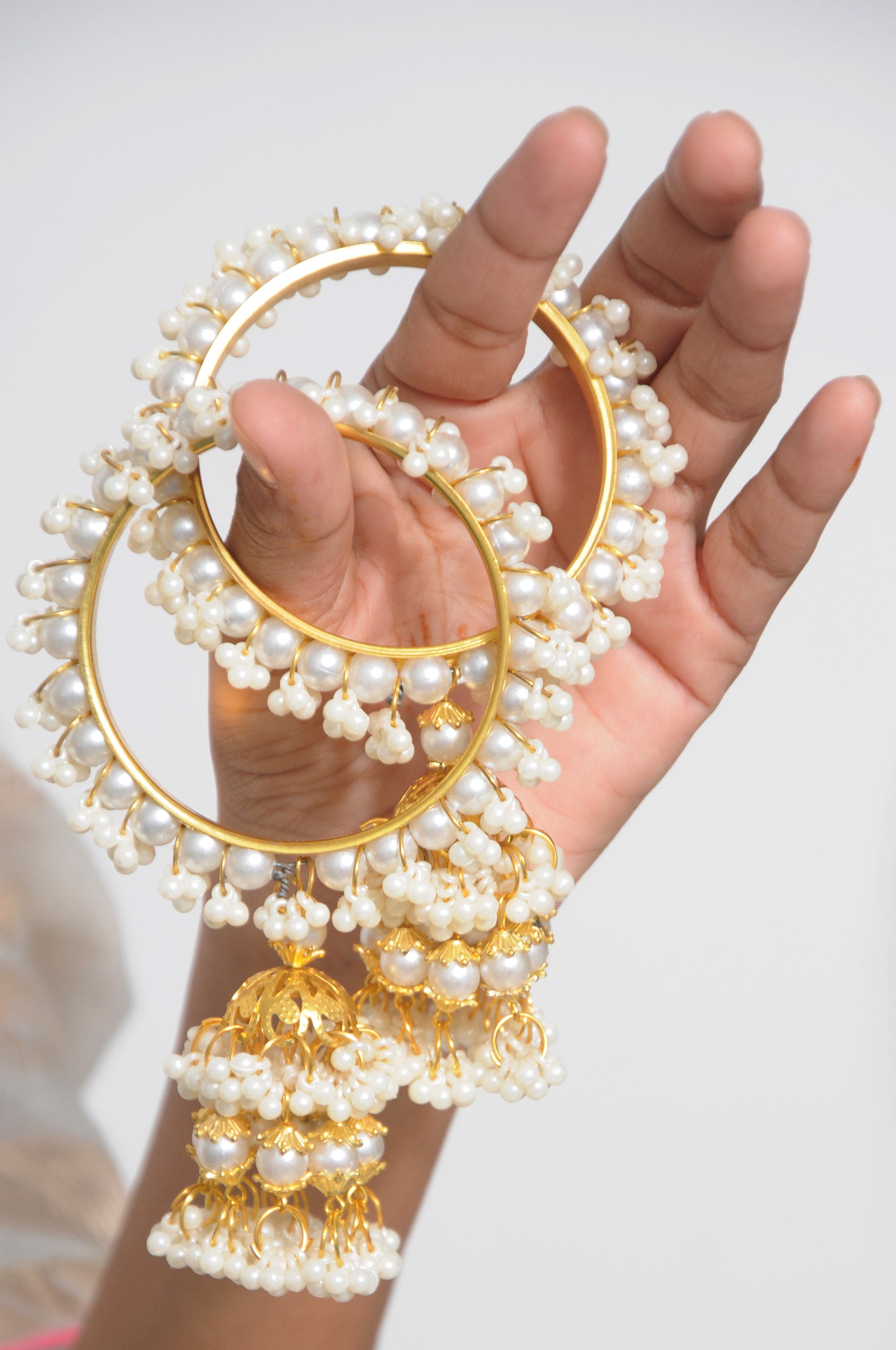 Traditional Pearl Jhumka Karay - Gold-Toned Wedding Bangles