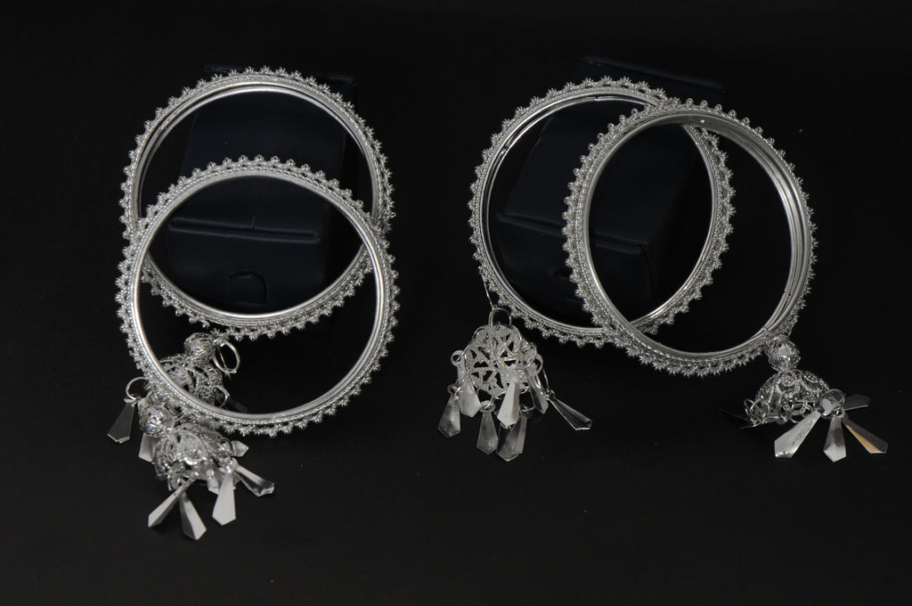 Oxidized Silver Bangles with Dangling Crystal Charms (Set of 4)
