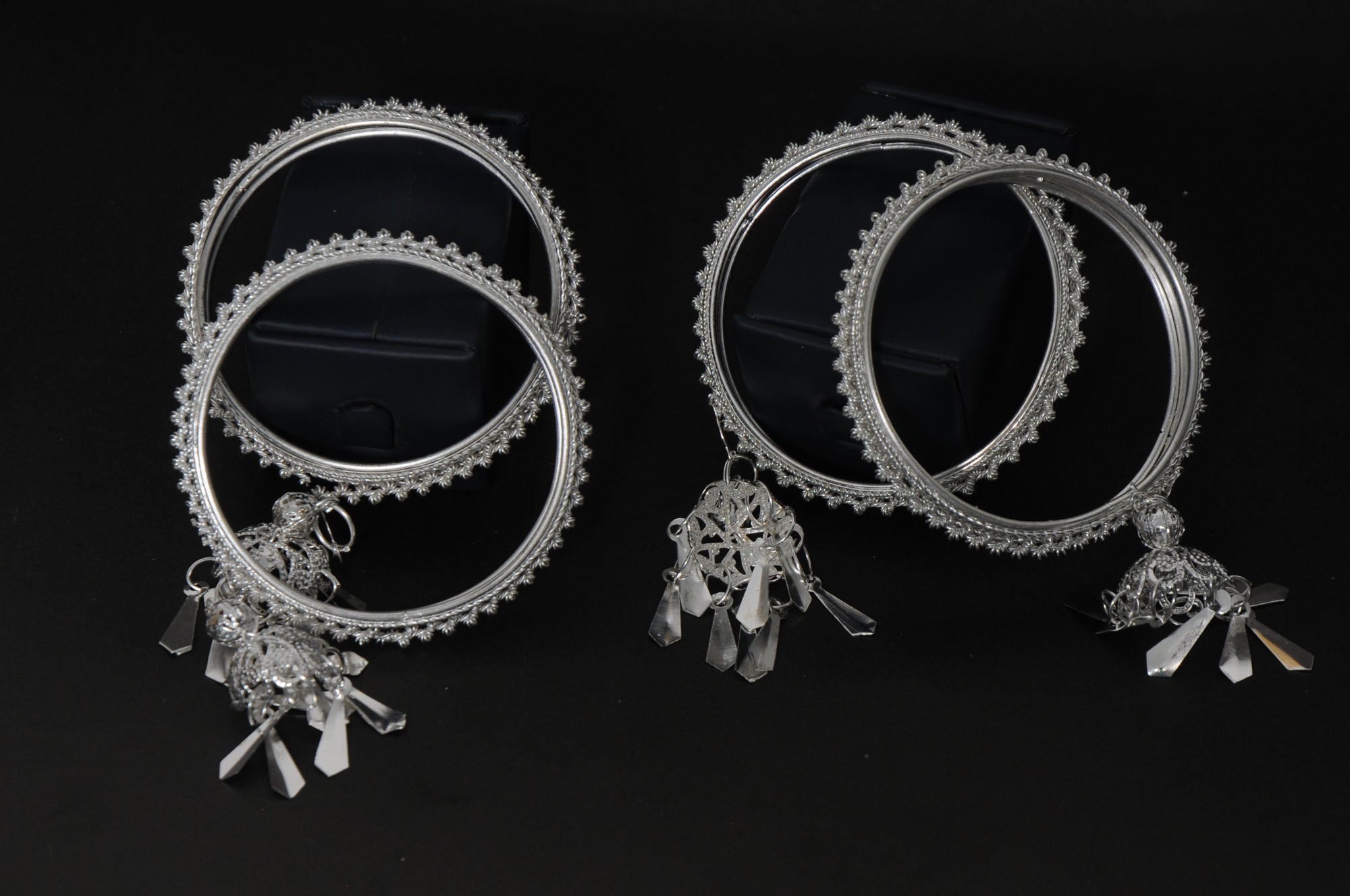 Oxidized Silver Bangles with Dangling Crystal Charms (Set of 4)