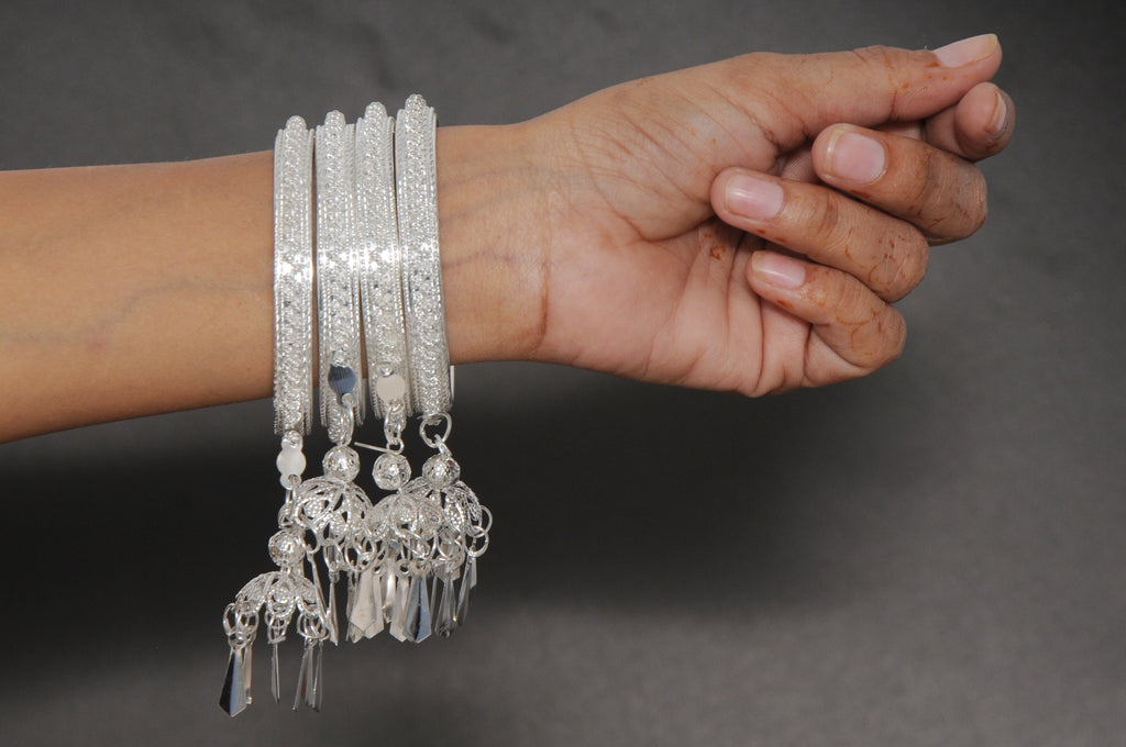 Oxidized Silver Bangles with Dangling Crystal Charms (Set of 4)