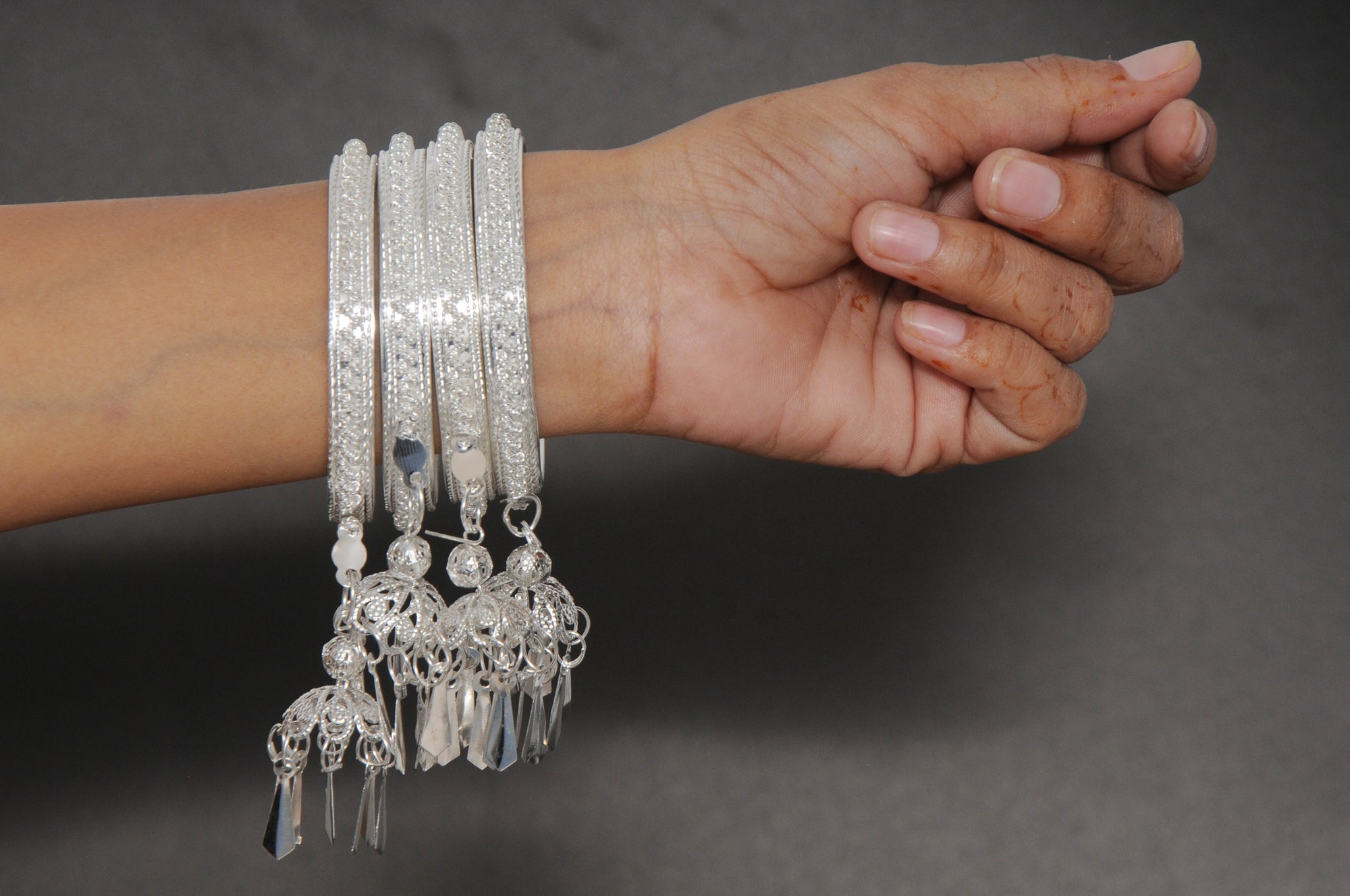 Oxidized Silver Bangles with Dangling Crystal Charms (Set of 4)