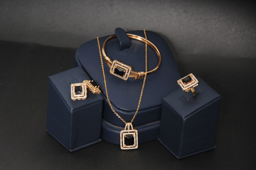 4-Piece Modern Black Stone & Zircon Jewelry Set in Gold Tone