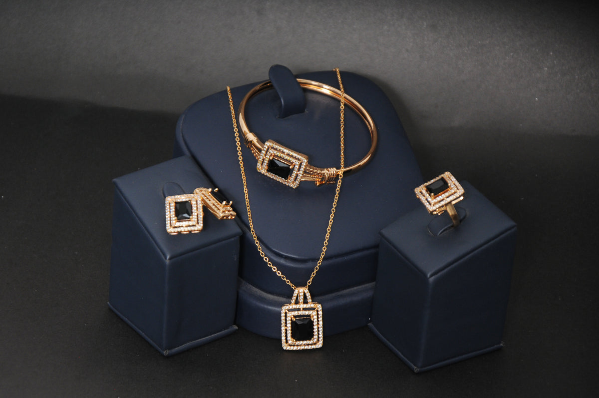 4-Piece Modern Black Stone & Zircon Jewelry Set in Gold Tone