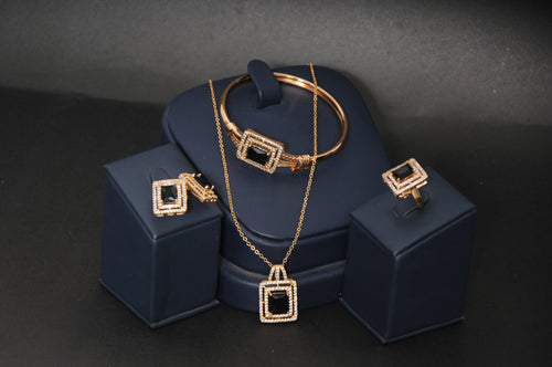 4-Piece Modern Black Stone & Zircon Jewelry Set in Gold Tone