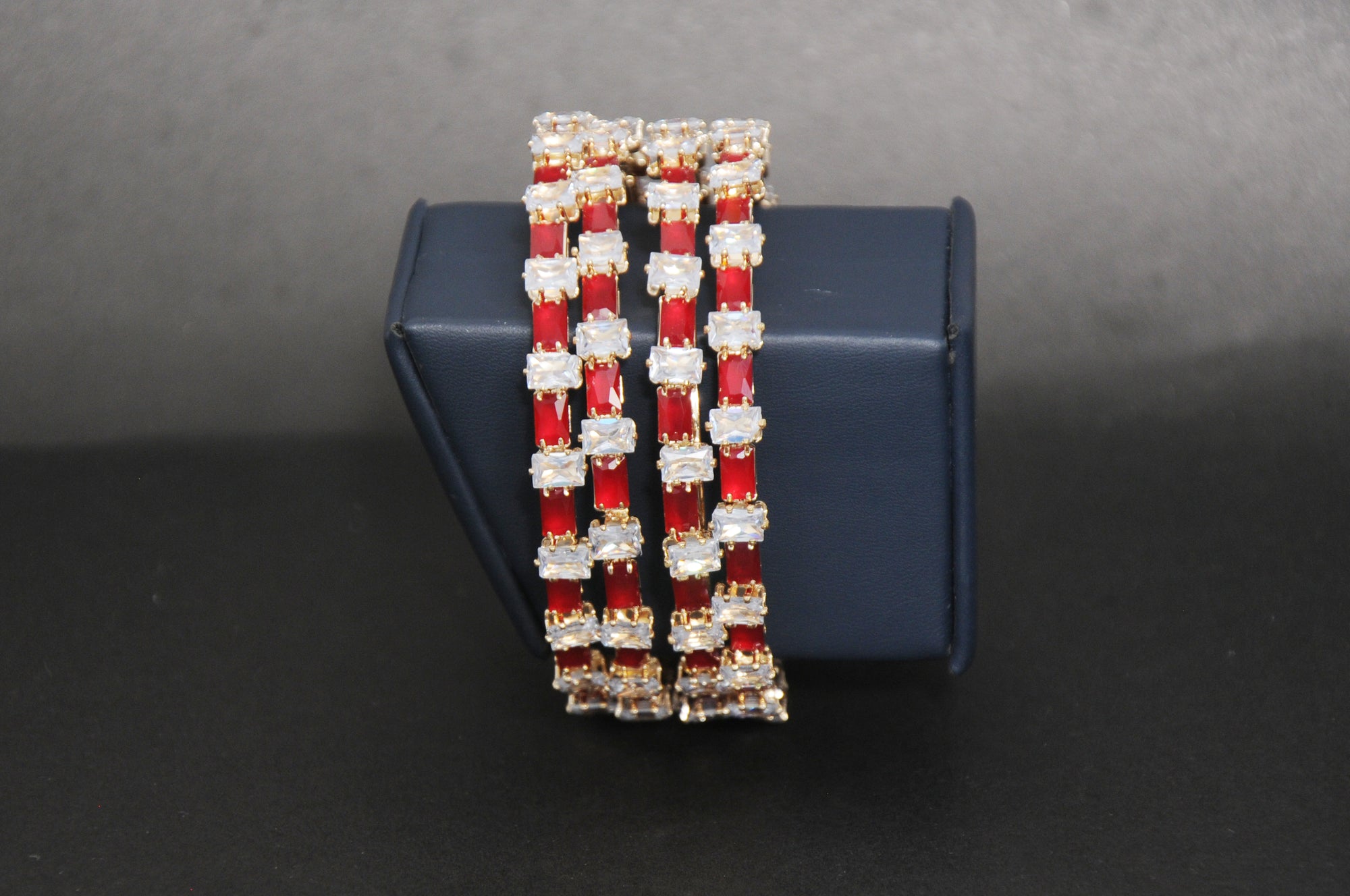 Red Enamel & Zircon Stone Bangles in Gold Tone (Set of 4)