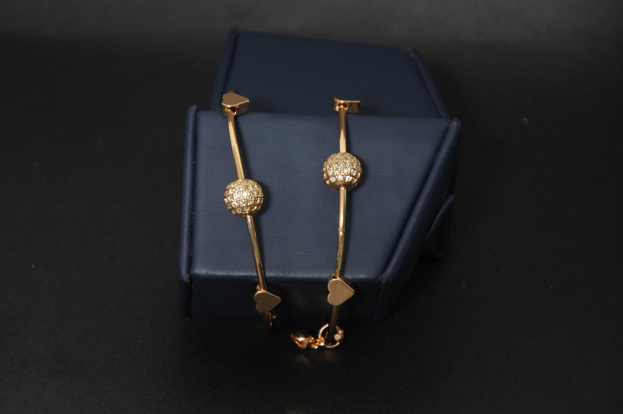 Modern Gold-Toned Bracelets with Zircon Sphere & Heart Accents (Pair)