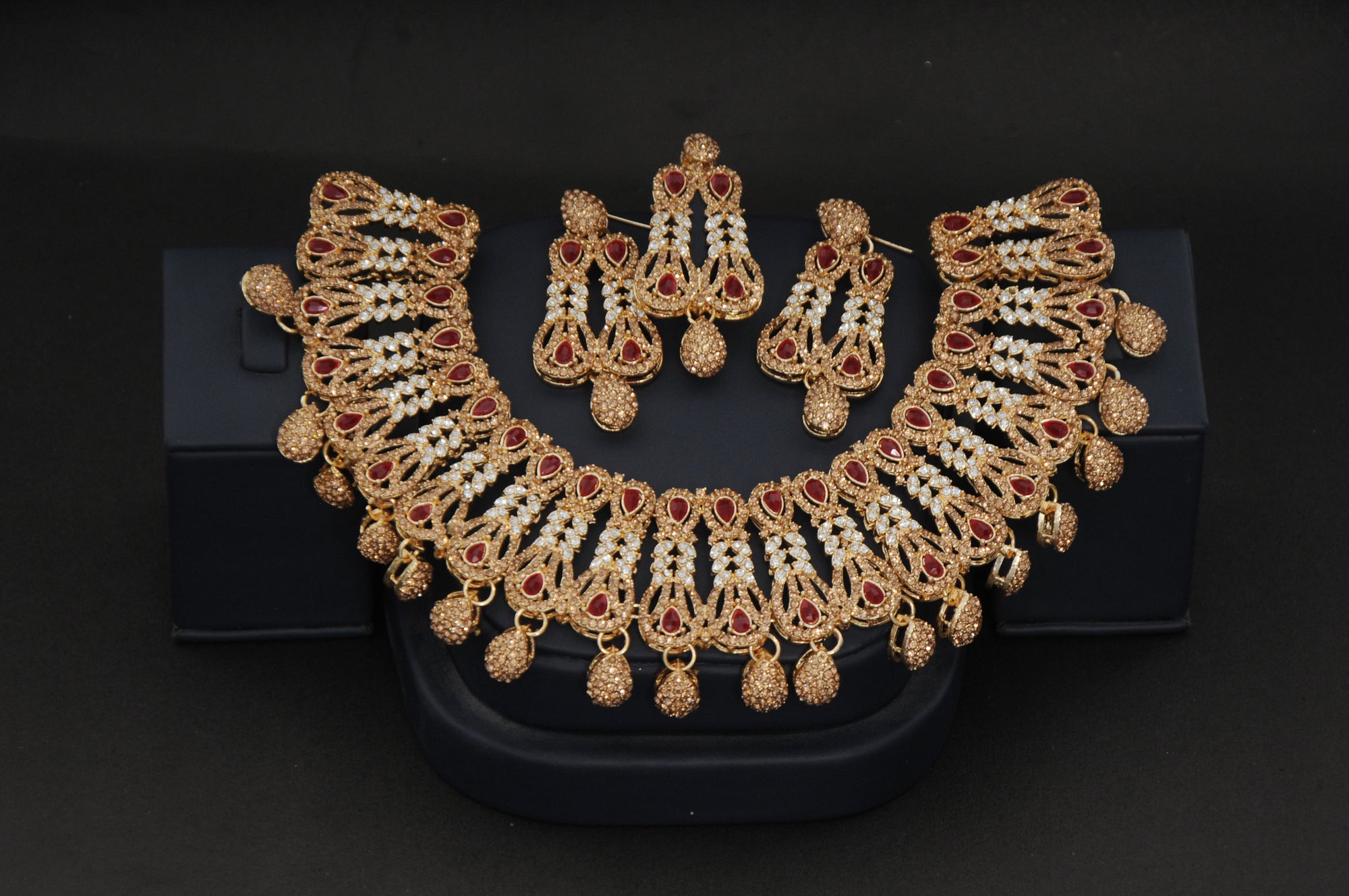 Traditional Bridal Choker Necklace Set with Red & Zircon Stones