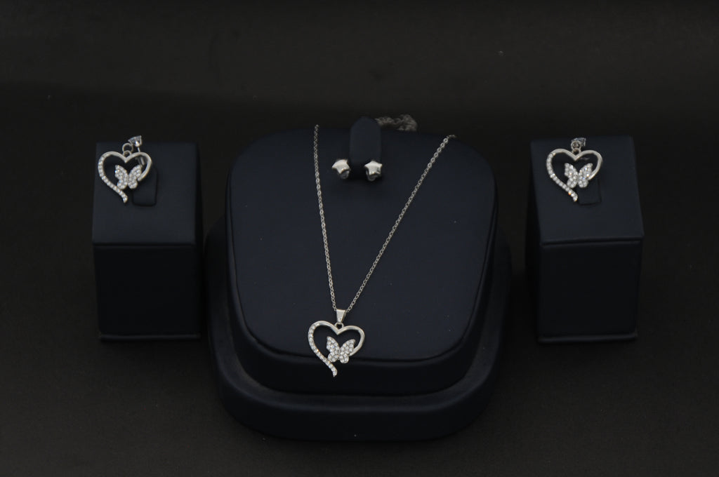 Zircon Heart & Butterfly Necklace & Earrings Set - Silver Tone