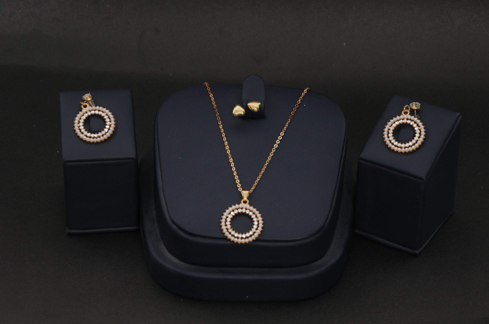 Delicate Pearl Circle Necklace & Earrings Set - Minimalist Gold Tone