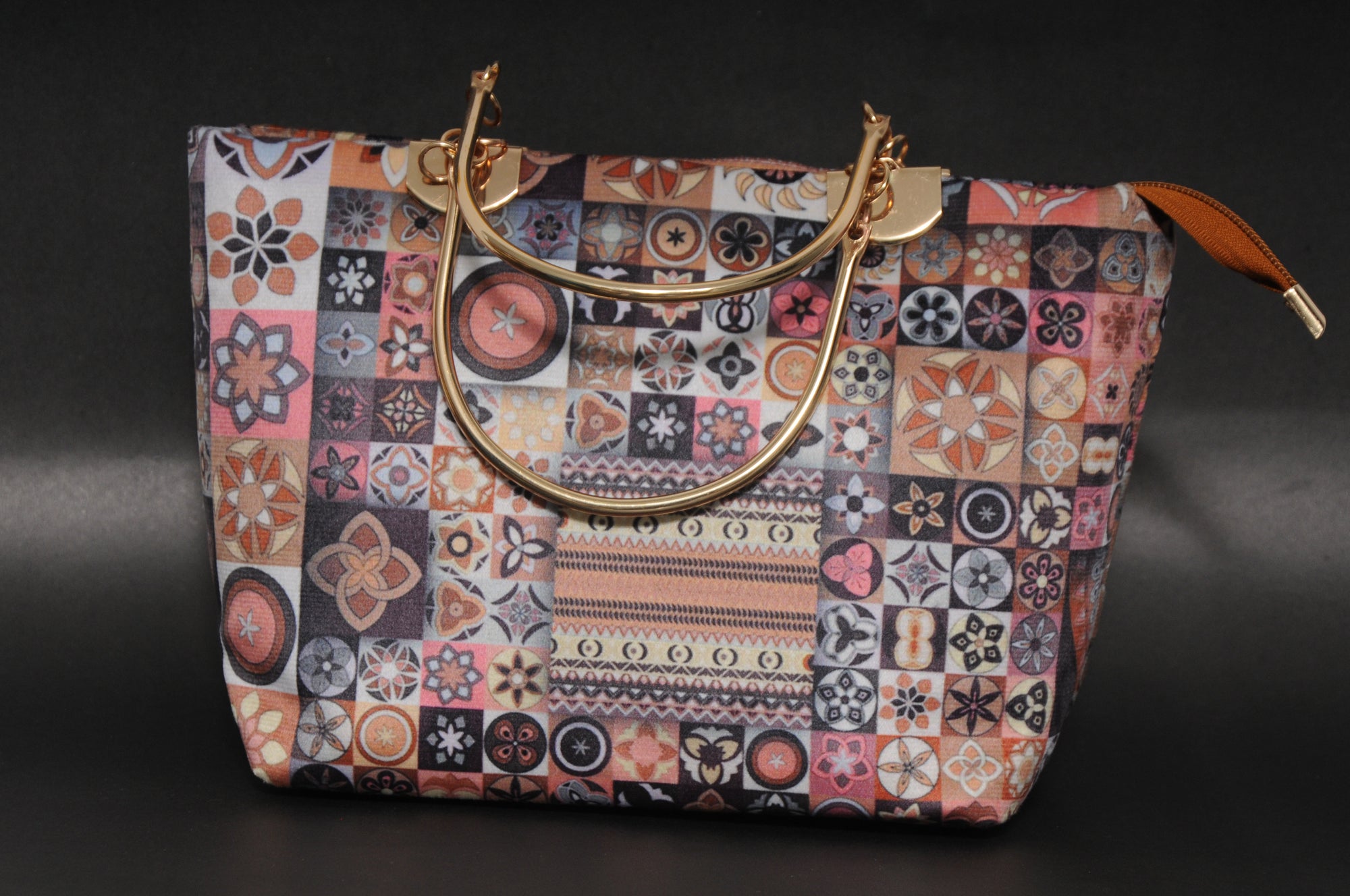 Mosaic Tile Print Top-Handle Bag with Gold Metal Handles & Wristlet