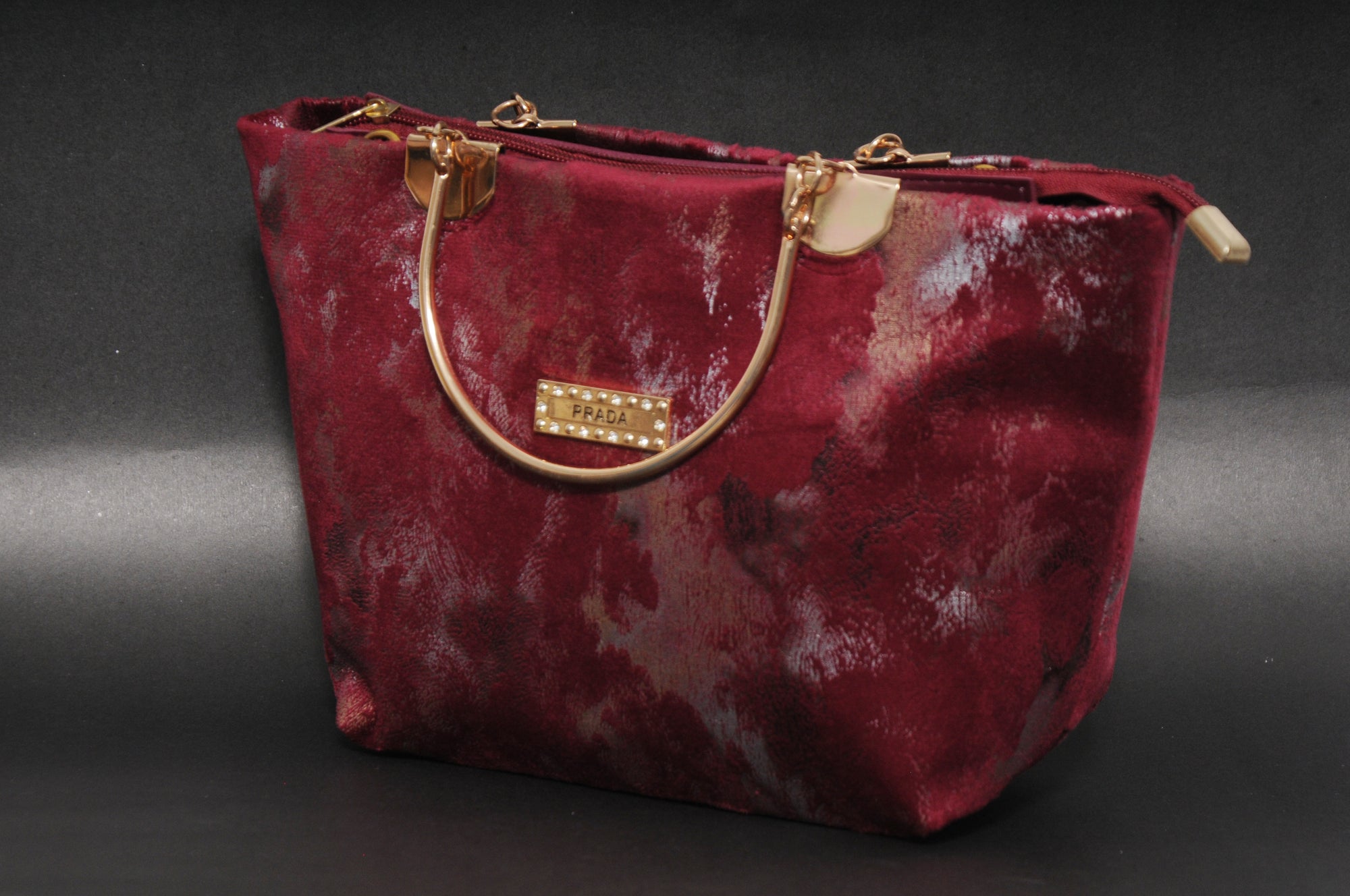 Metallic Maroon Velvet Top-Handle Pouch with Crystal Emblem