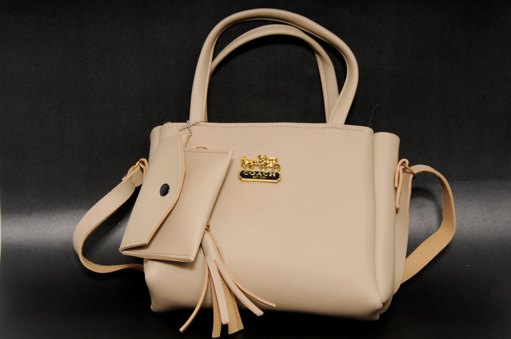 Classic Beige Tote Bag with Detachable Pouch & Tassel Charm