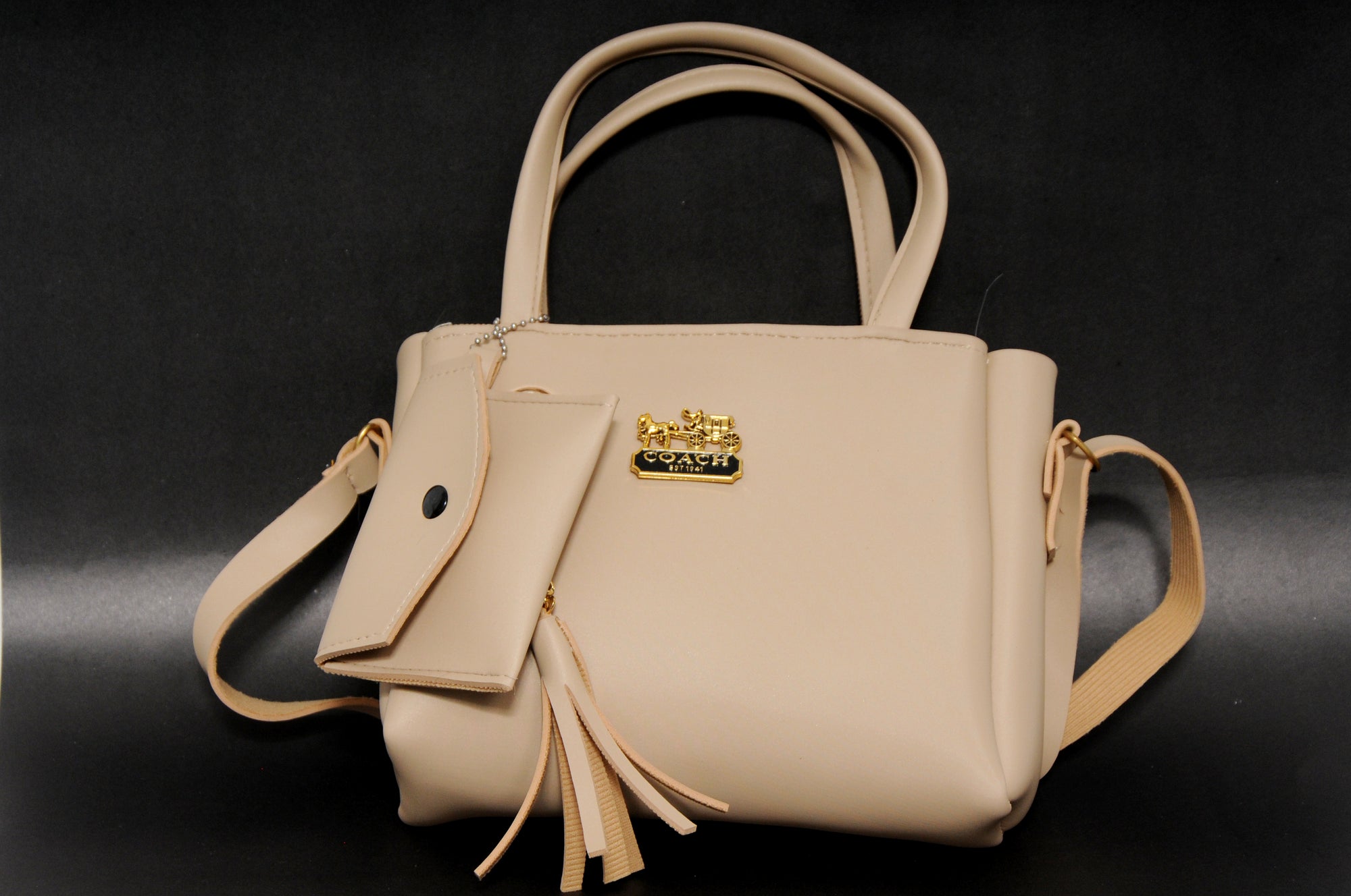 Classic Beige Tote Bag with Detachable Pouch & Tassel Charm