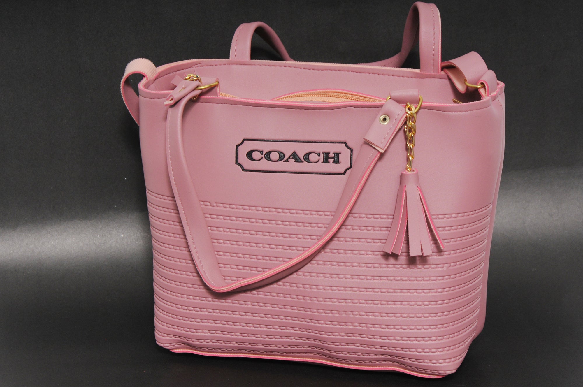 Textured Tea Pink Tote Bag with Tassel Charm & Crossbody Strap