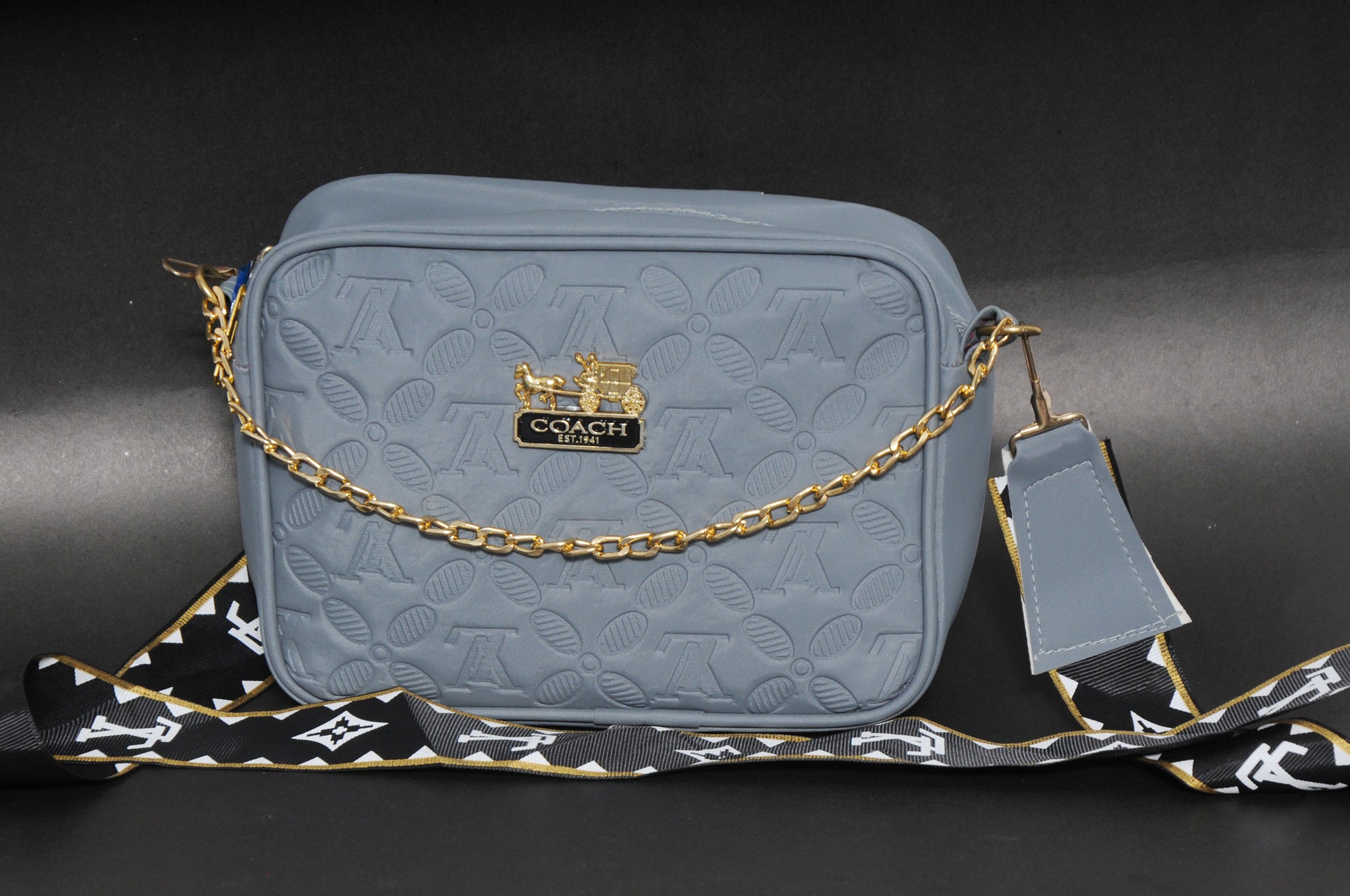 Embossed Monogram Crossbody Bag with Woven Strap & Gold Chain