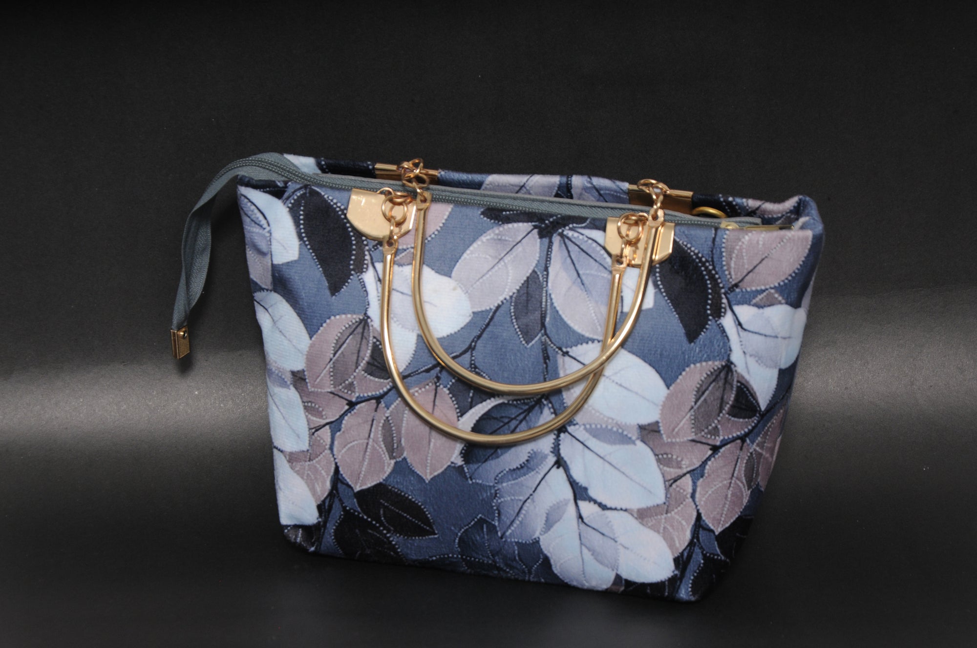 Leaf Print Top-Handle Bag with Gold Metal Handles & Wristlet Strap