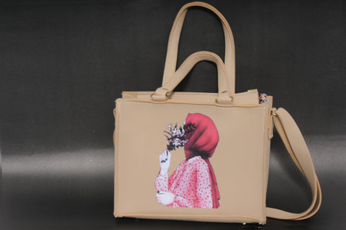 Beige Tote Bag with Artistic Hijabi Girl Graphic & Crossbody Strap