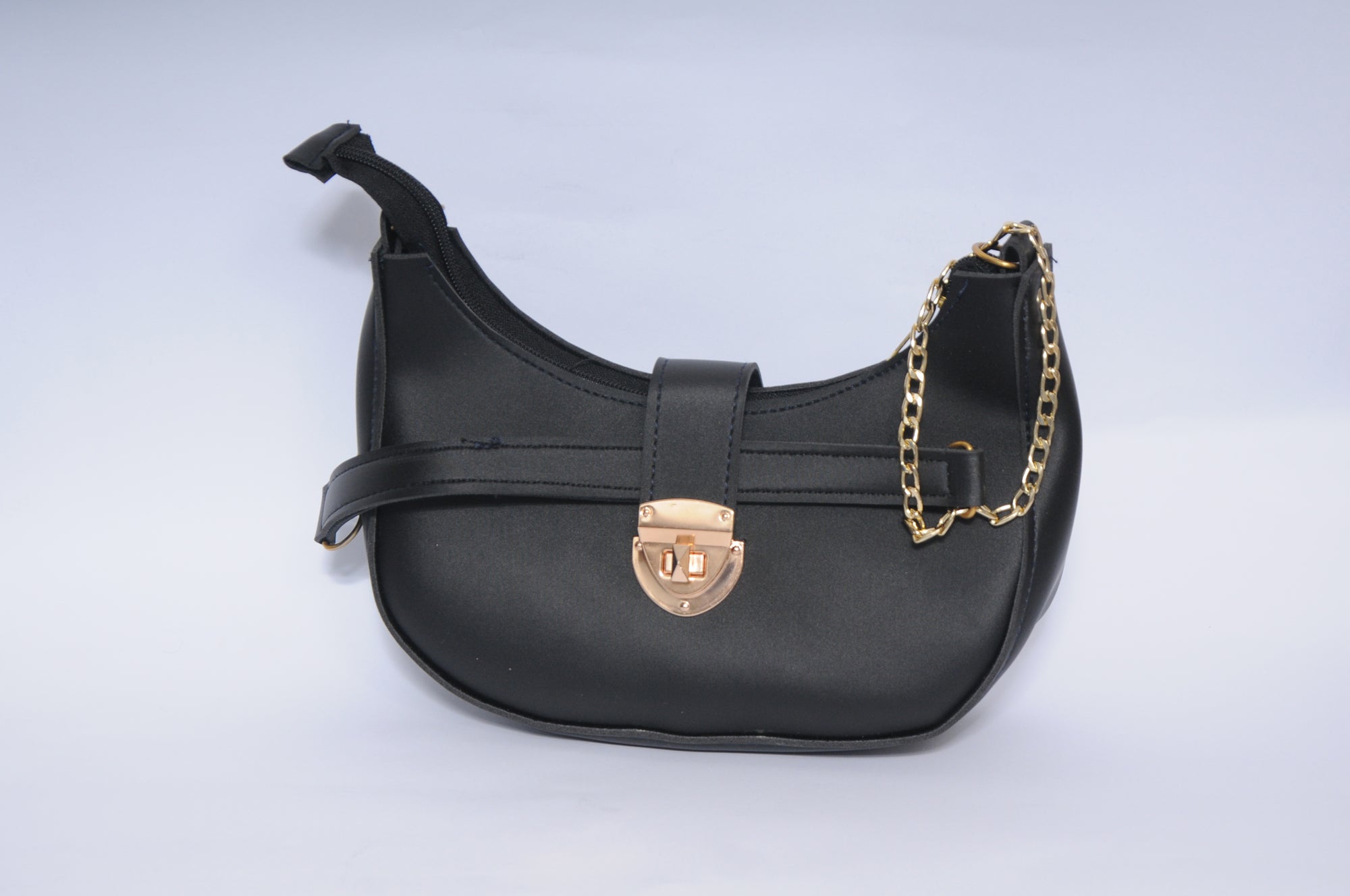Black Crescent Shoulder Bag with Gold Chain & Clasp Detail