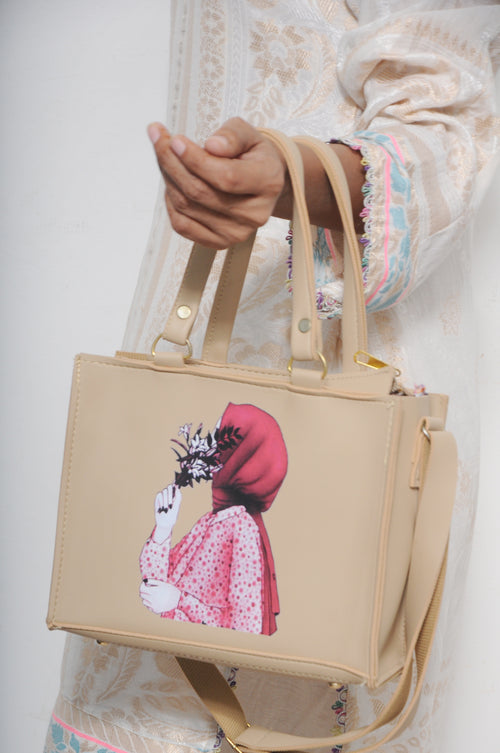 Beige Tote Bag with Artistic Hijabi Girl Graphic & Crossbody Strap