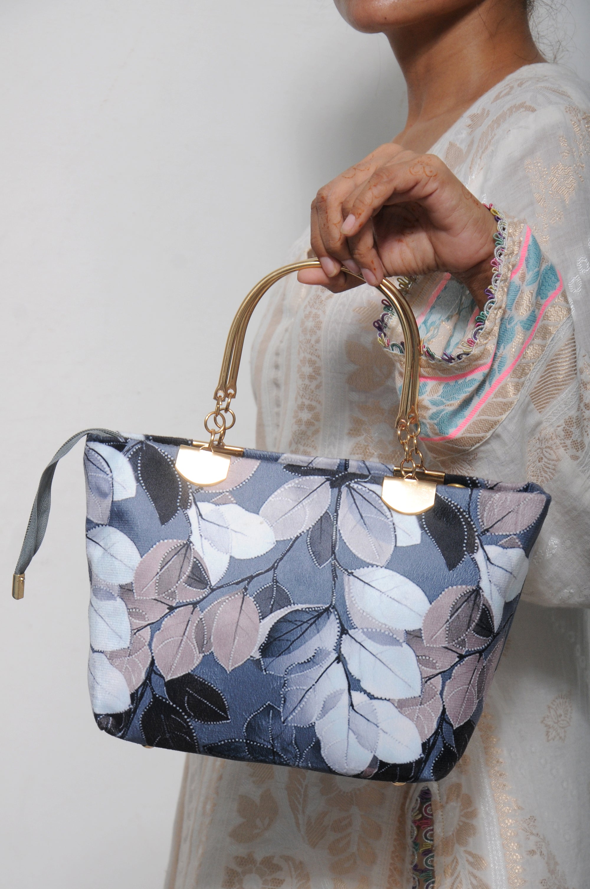 Leaf Print Top-Handle Bag with Gold Metal Handles & Wristlet Strap