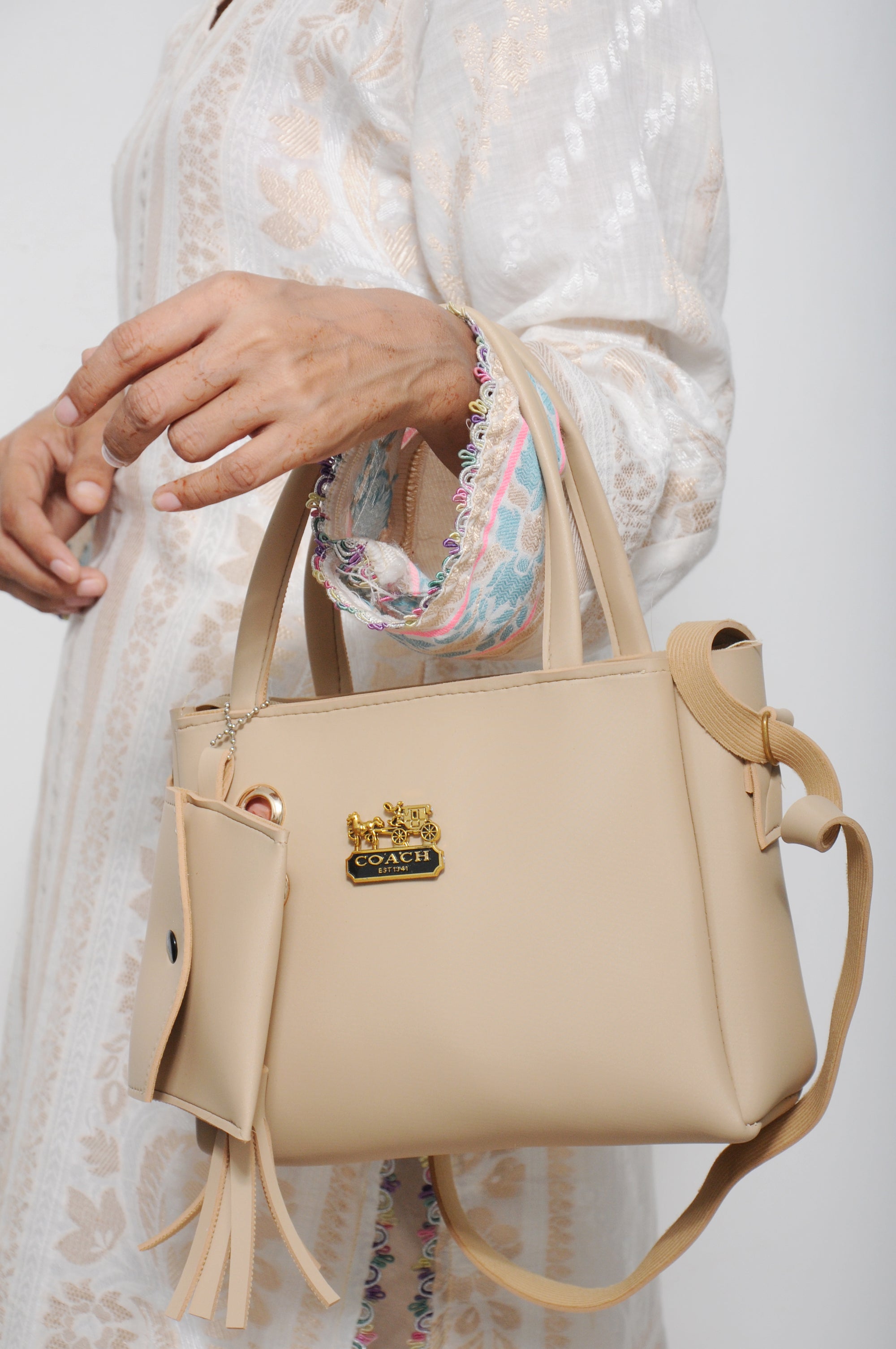 Classic Beige Tote Bag with Detachable Pouch & Tassel Charm