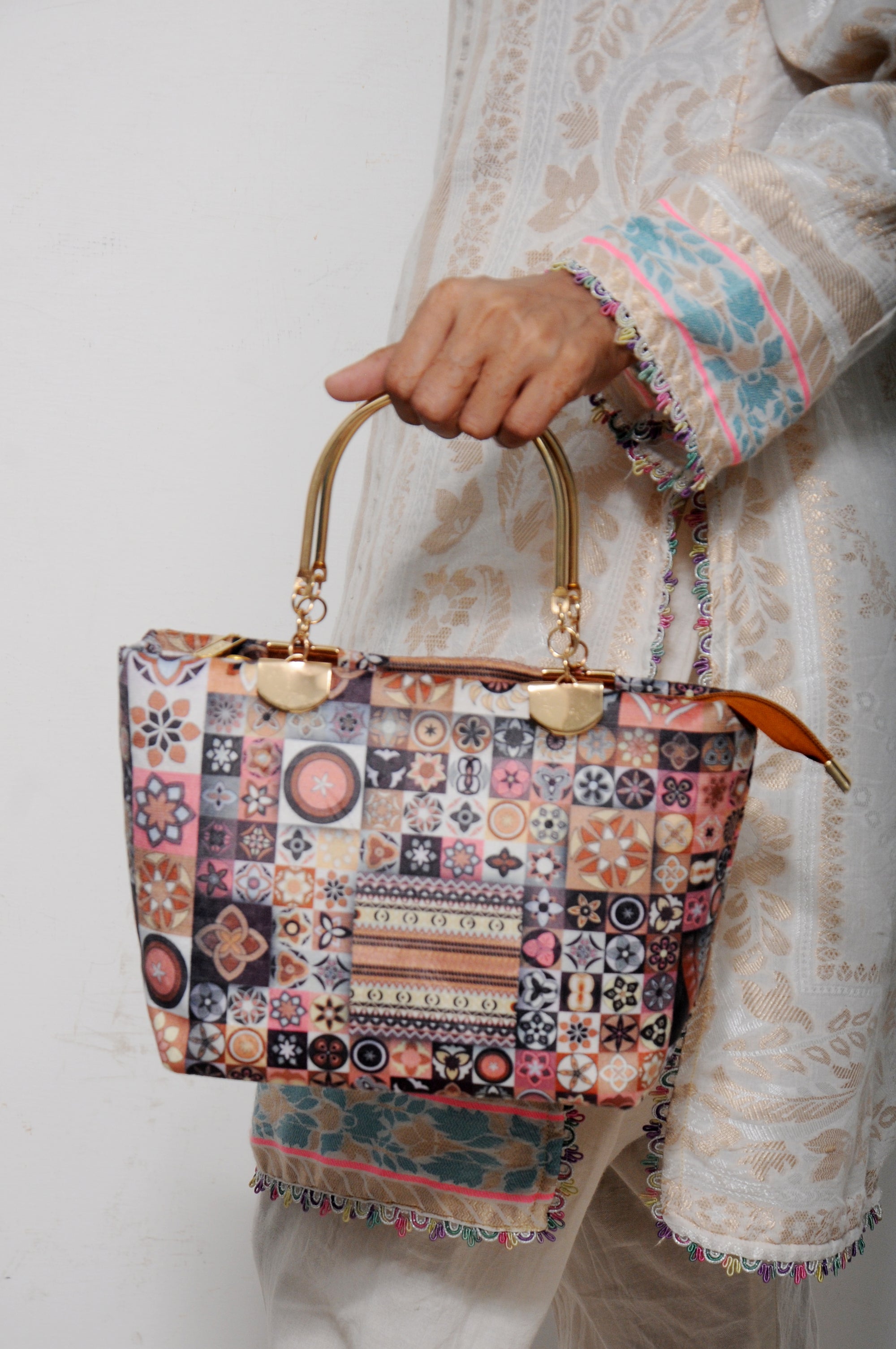 Mosaic Tile Print Top-Handle Bag with Gold Metal Handles & Wristlet