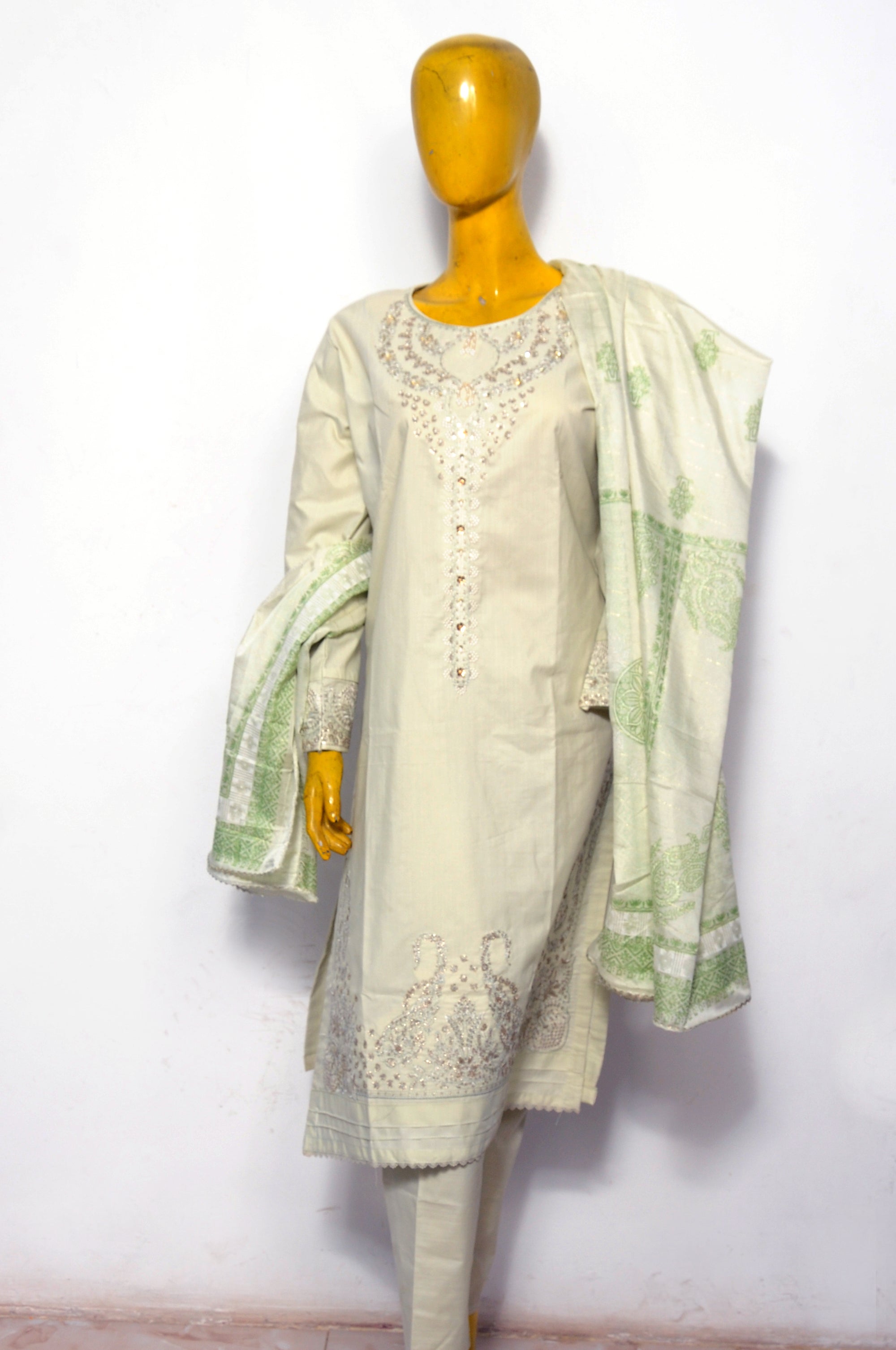 Off-White Embroidered Lawn Suit with Sequin Work & Pistachio Paisley Dupatta