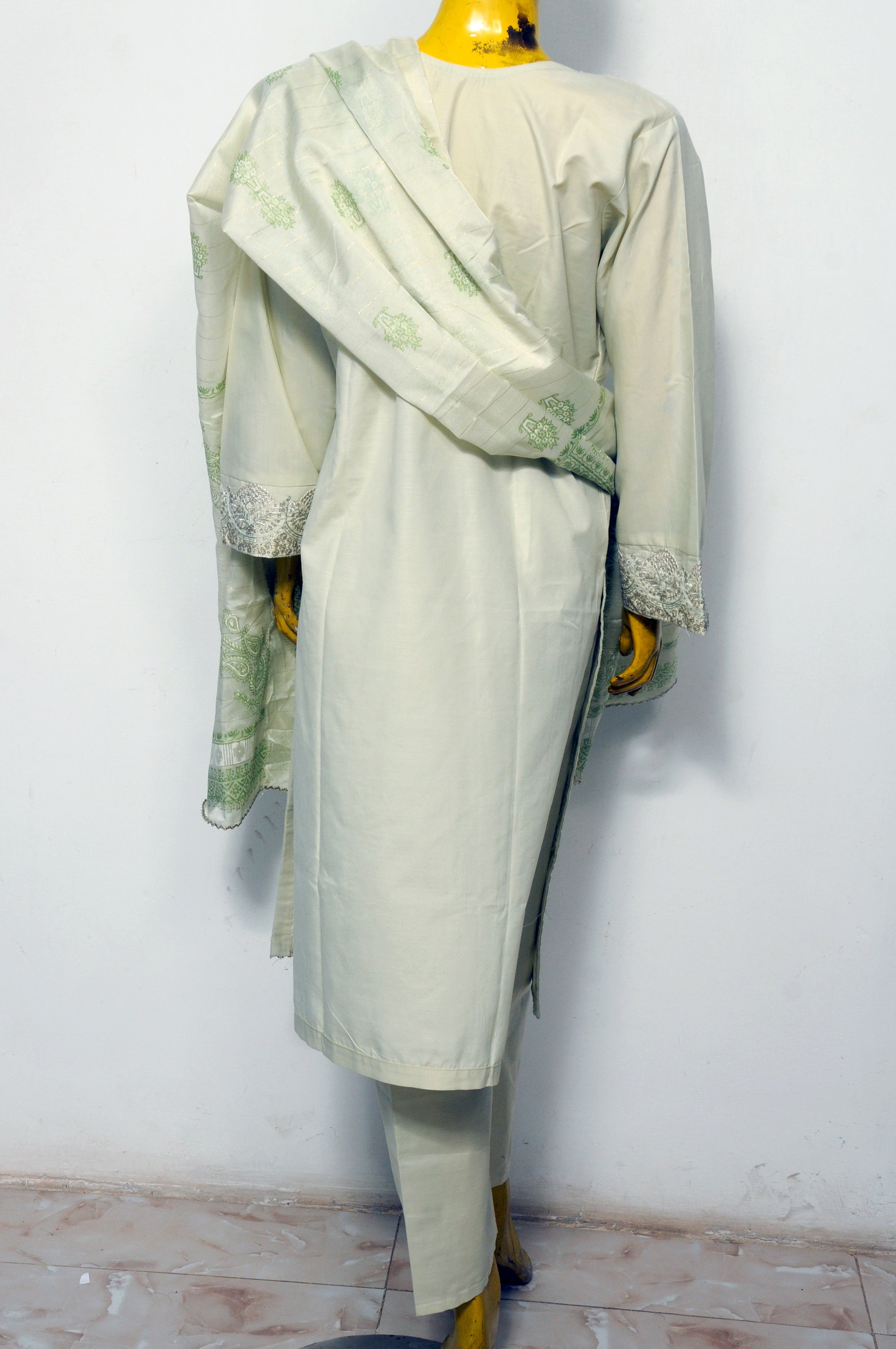 Off-White Embroidered Lawn Suit with Sequin Work & Pistachio Paisley Dupatta