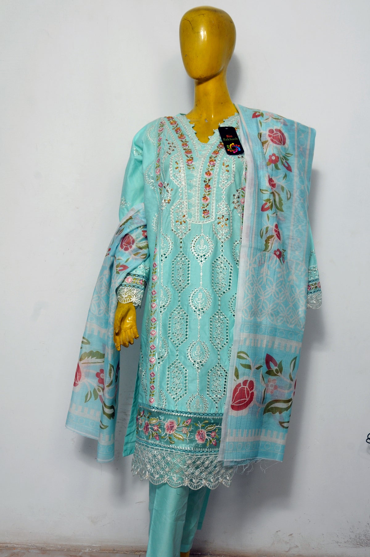 Aqua Blue Lawn Suit with Embroidered Lace Sleeves & Floral Dupatta