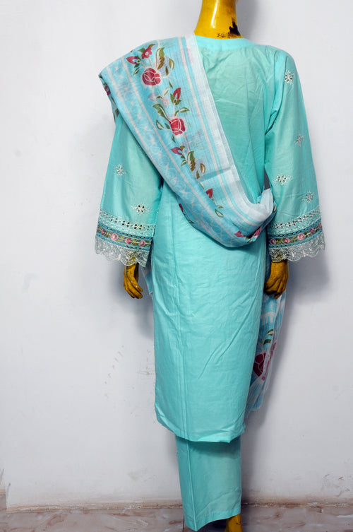 Aqua Blue Lawn Suit with Embroidered Lace Sleeves & Floral Dupatta