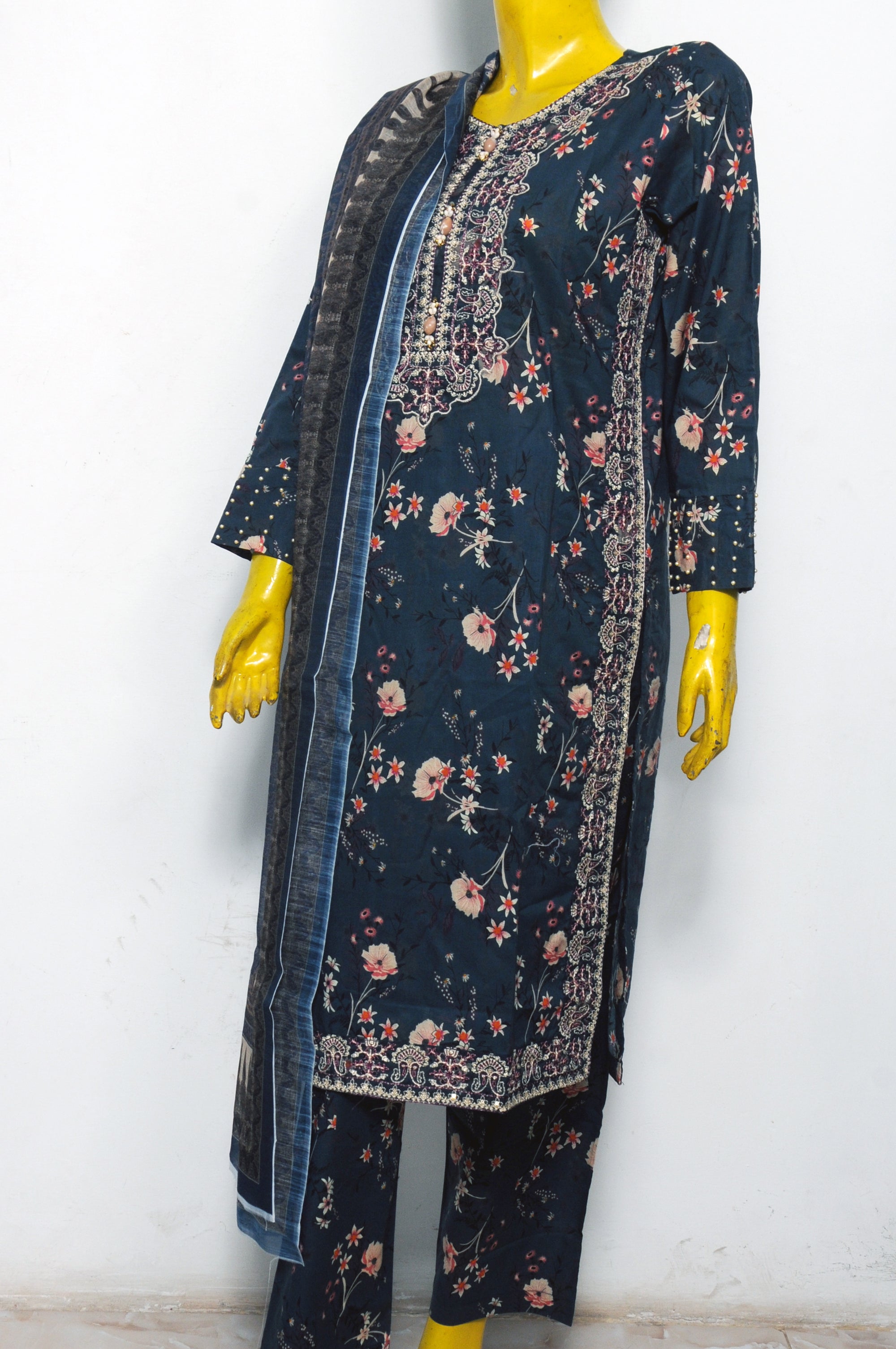 Navy Blue Floral Print Lawn Suit with Embroidered Neckline