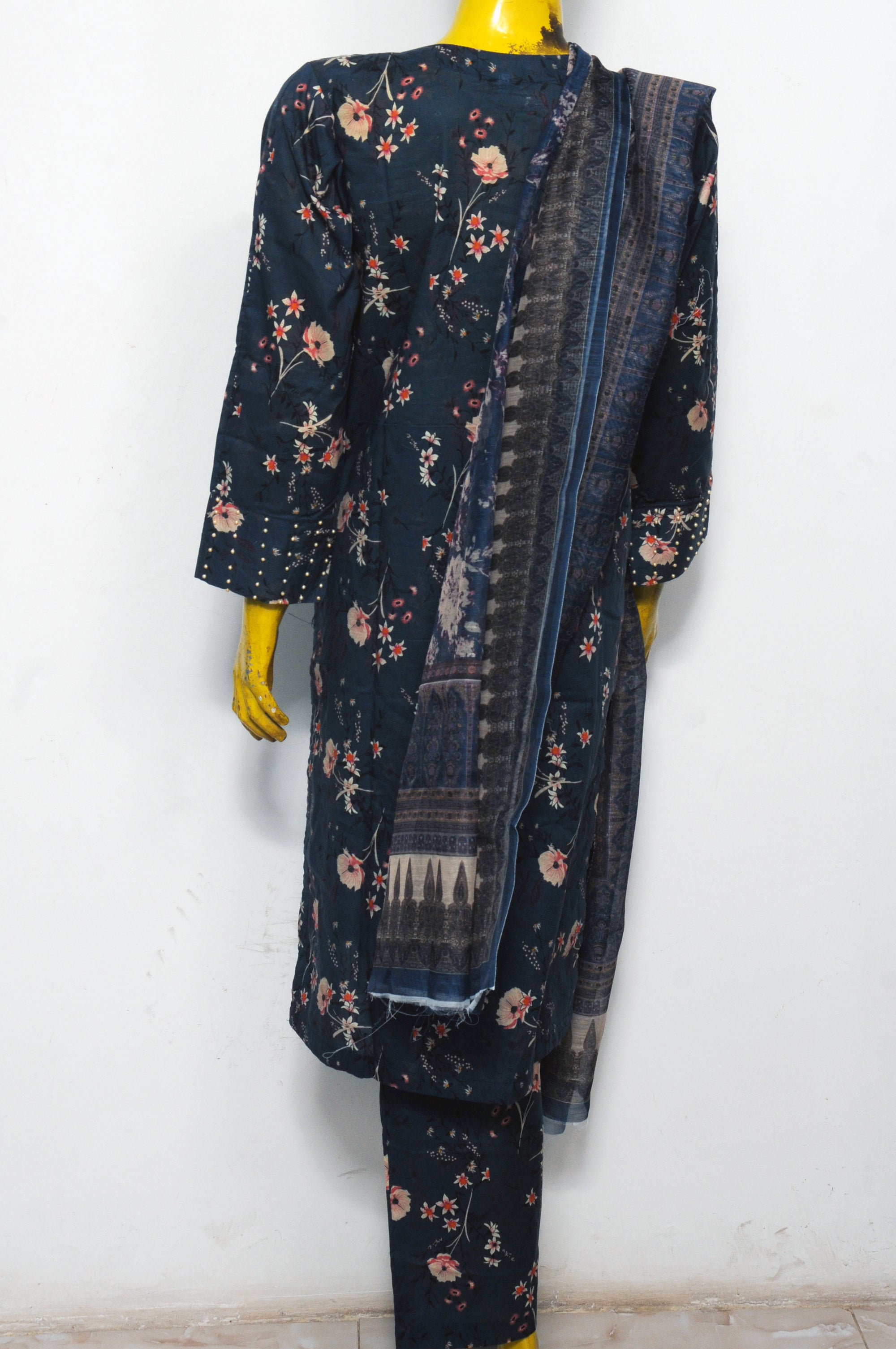 Navy Blue Floral Print Lawn Suit with Embroidered Neckline