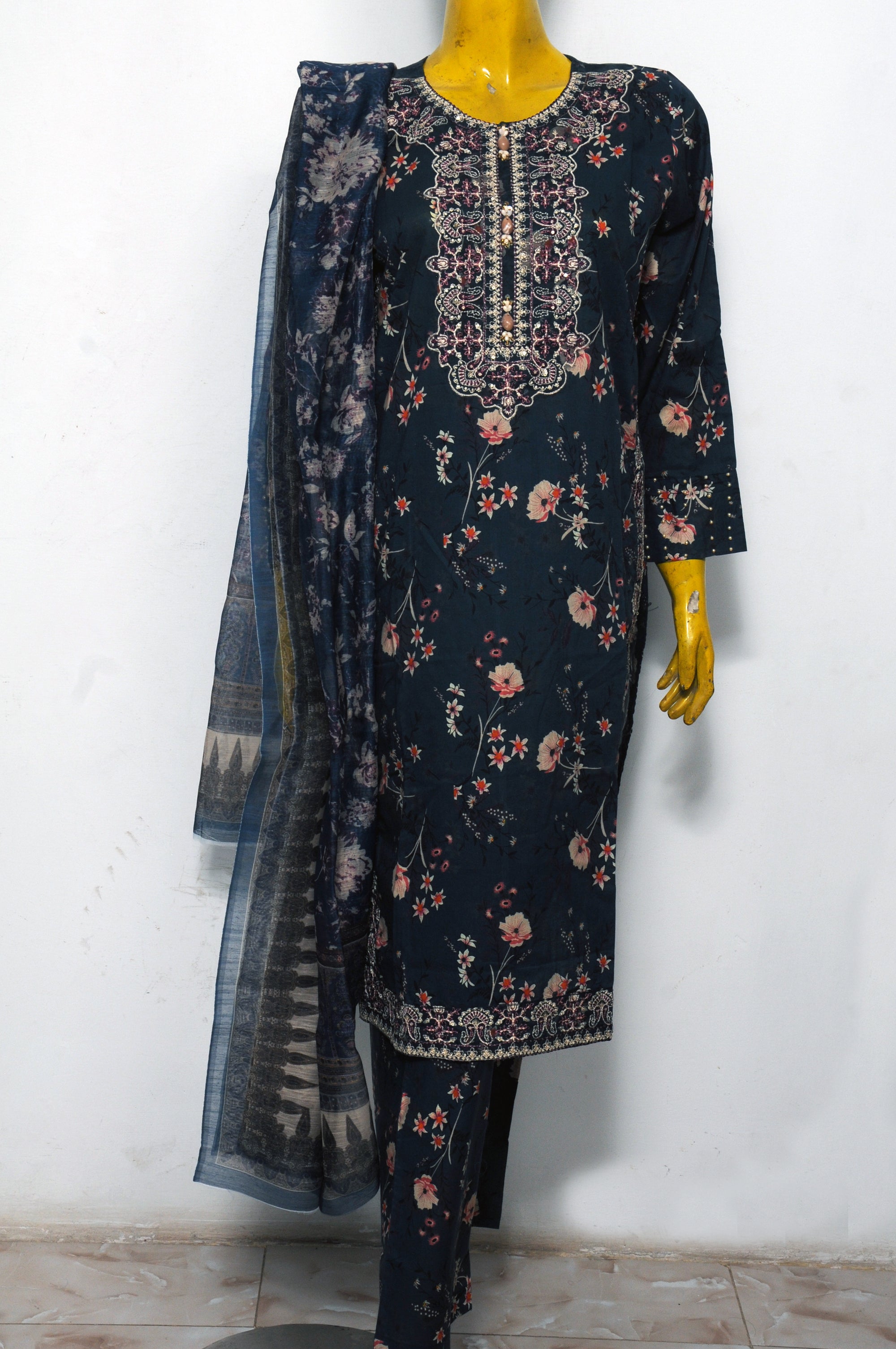 Navy Blue Floral Print Lawn Suit with Embroidered Neckline