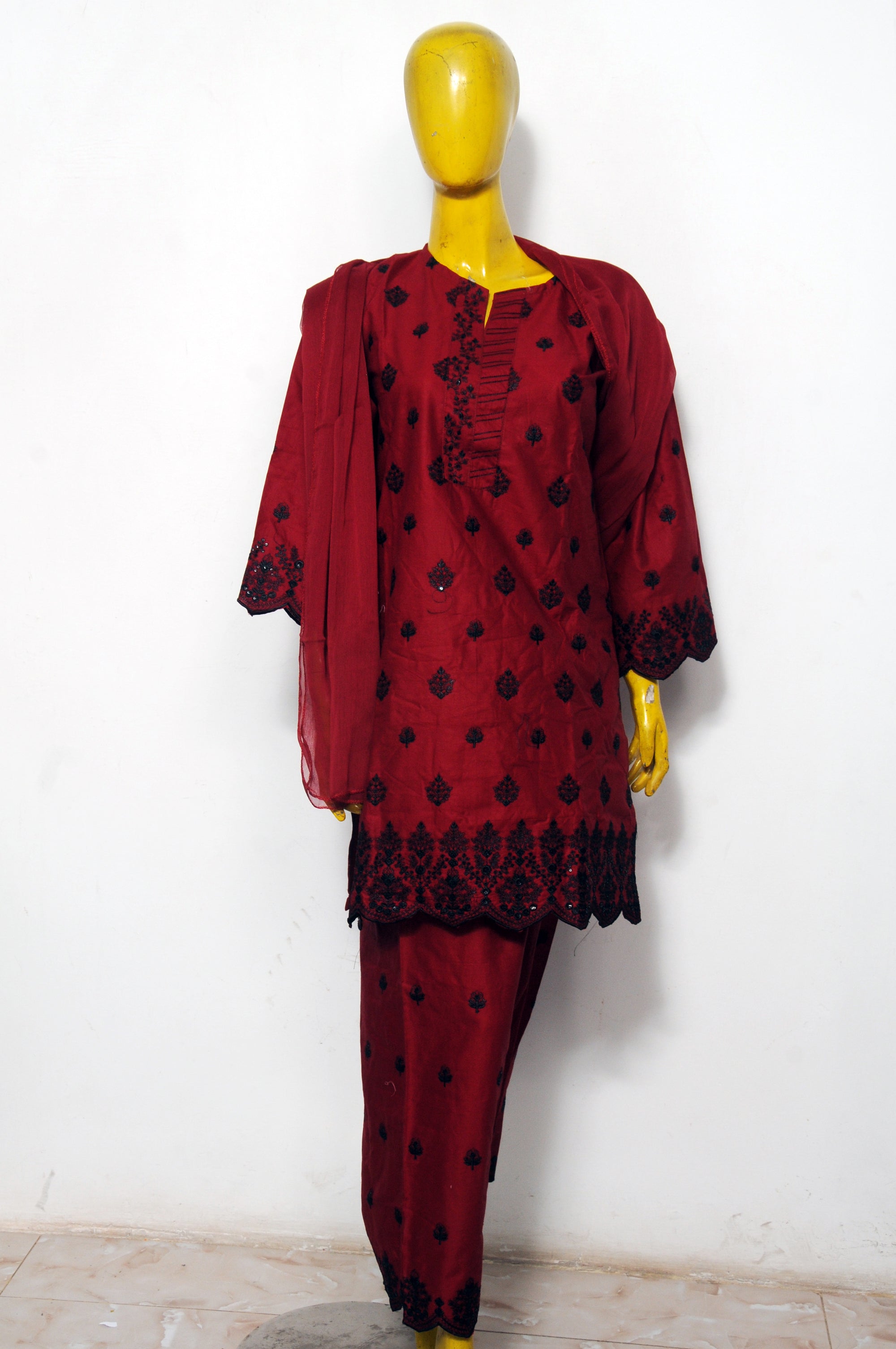 Maroon Suit with All-Over Black Schiffli Embroidery - 3-Piece Formal Wear