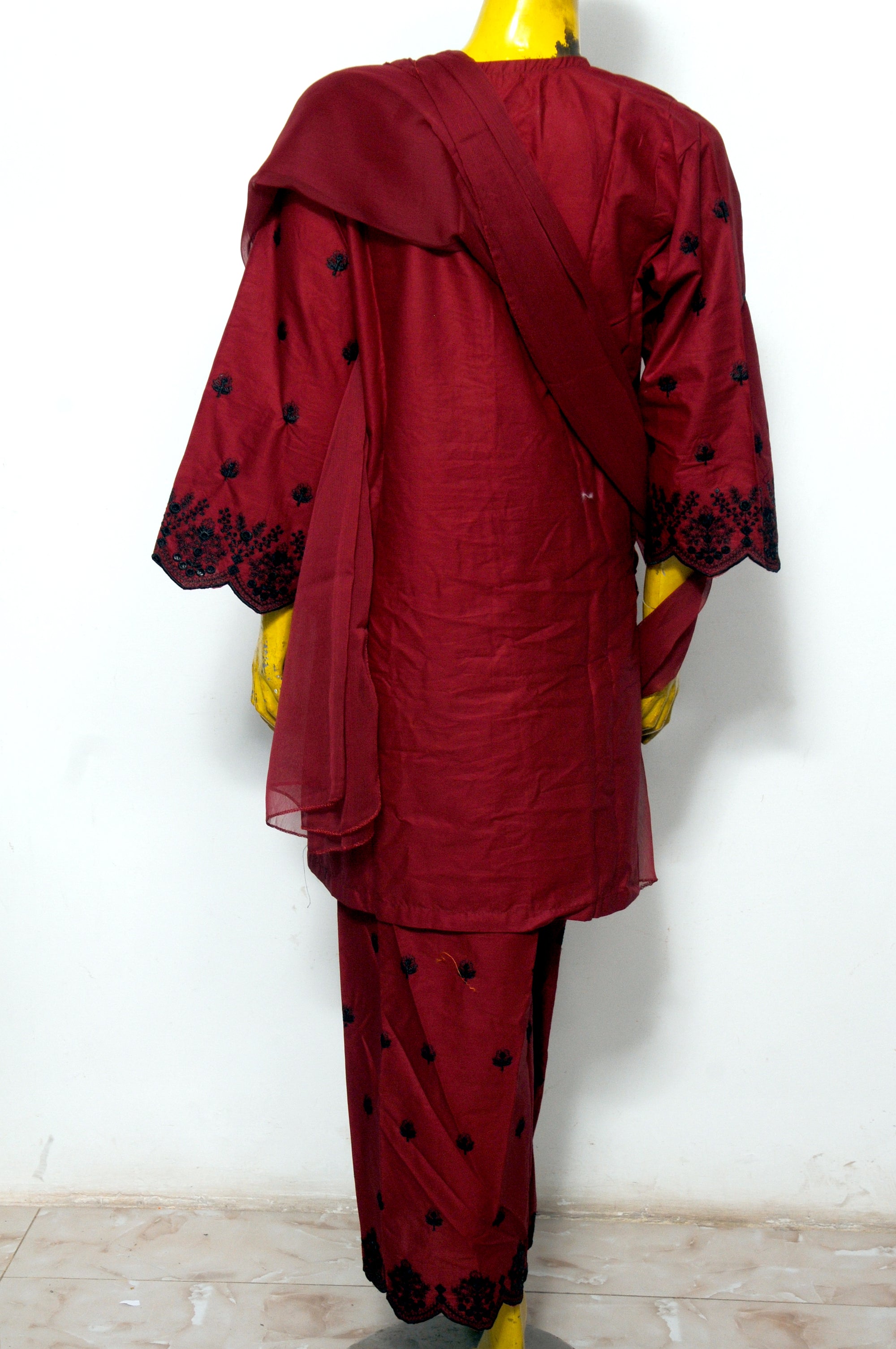 Maroon Suit with All-Over Black Schiffli Embroidery - 3-Piece Formal Wear