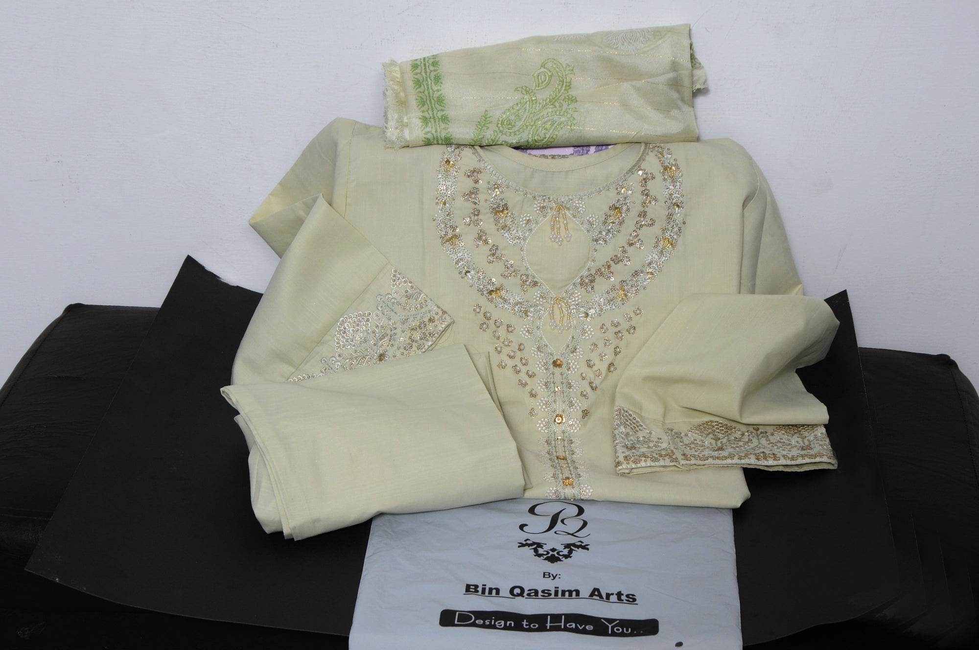 Off-White Embroidered Lawn Suit with Sequin Work & Pistachio Paisley Dupatta