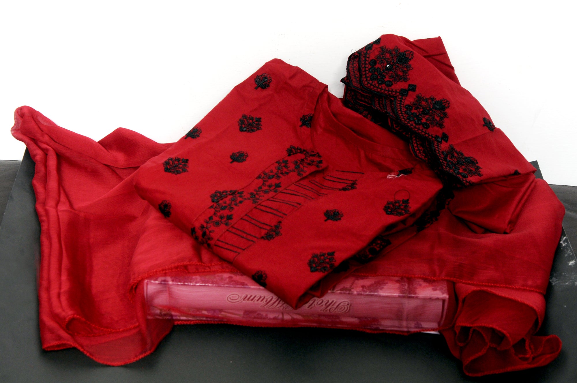 Maroon Suit with All-Over Black Schiffli Embroidery - 3-Piece Formal Wear