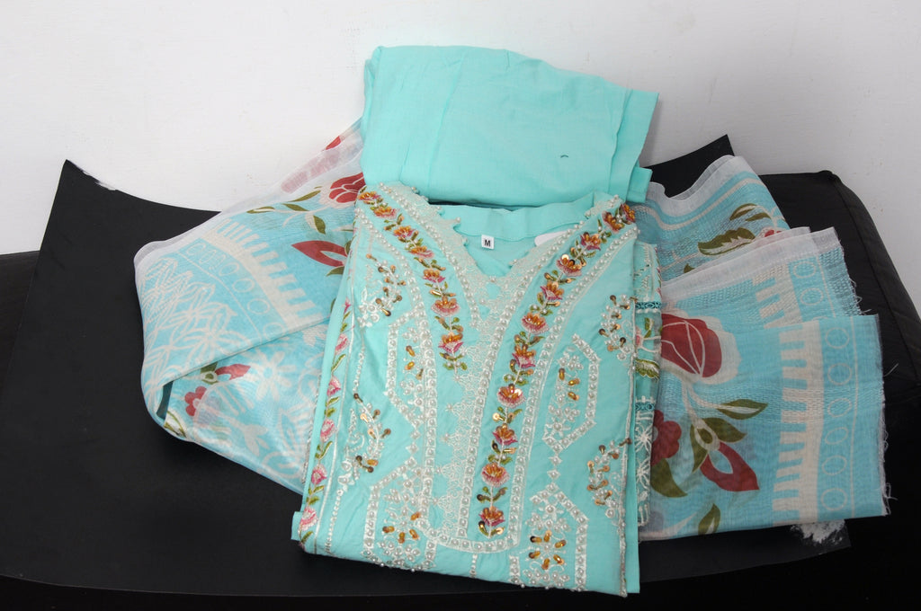 Aqua Blue Lawn Suit with Embroidered Lace Sleeves & Floral Dupatta