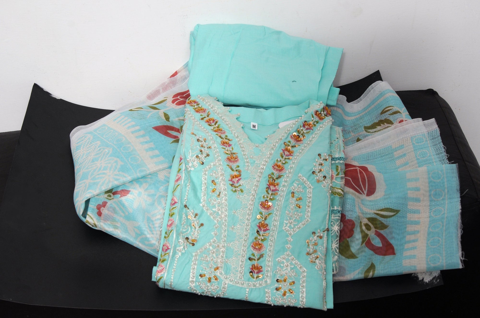 Aqua Blue Lawn Suit with Embroidered Lace Sleeves & Floral Dupatta